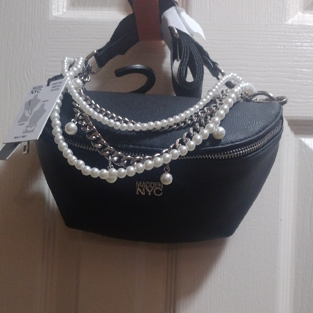 Madden NYC Black Mini Crossbody with Pearl Chain